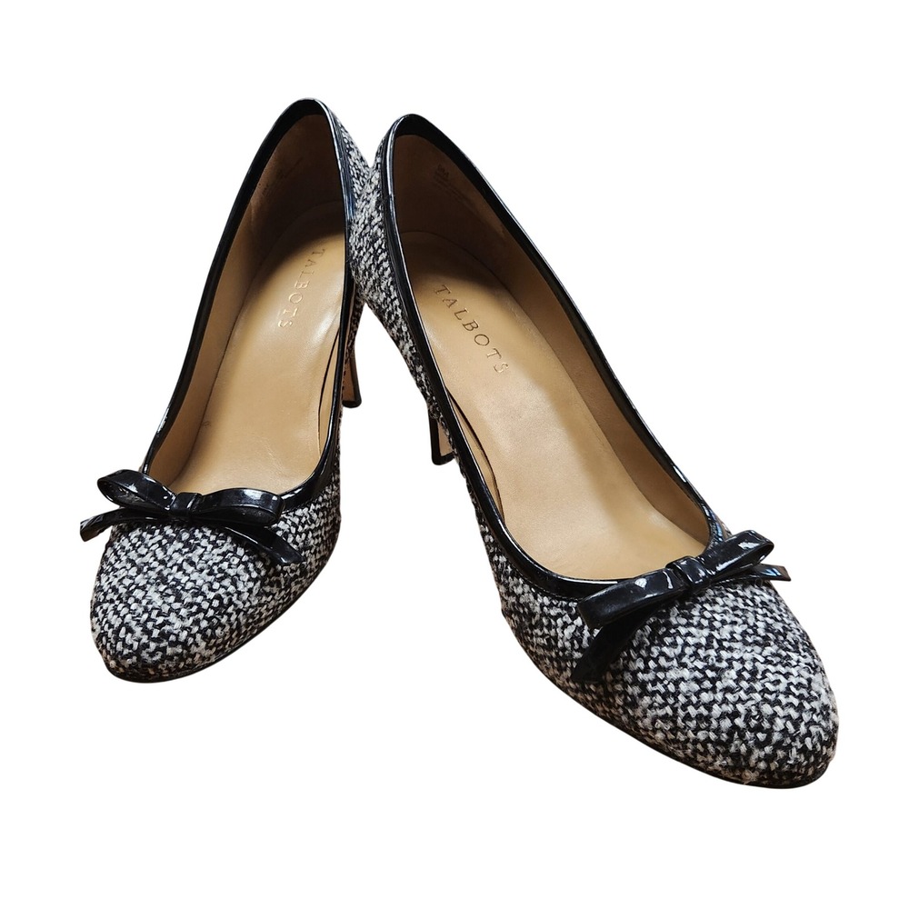 Talbots Black White Tweed Bow Pumps Heels Leather Sole Size 9M Womens Dress Shoe
